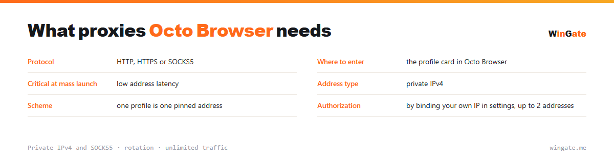 Proxies for Octo Browser — parameter card: where to enter, critical at mass launch, address type, scheme