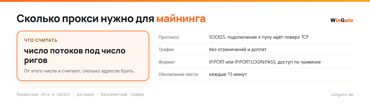 Прокси для майнинга — расчёт пула, считать число потоков под число ригов; трафик, формат, что считать, обновление листа