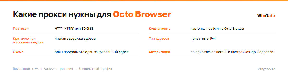 Прокси для Octo Browser — карточка параметров: куда вписать, критично при массовом запуске, тип адресов, схема