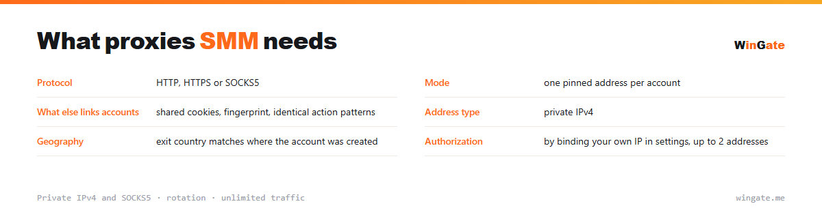 Proxies for SMM — parameter card: mode, what else links accounts, address type, geography