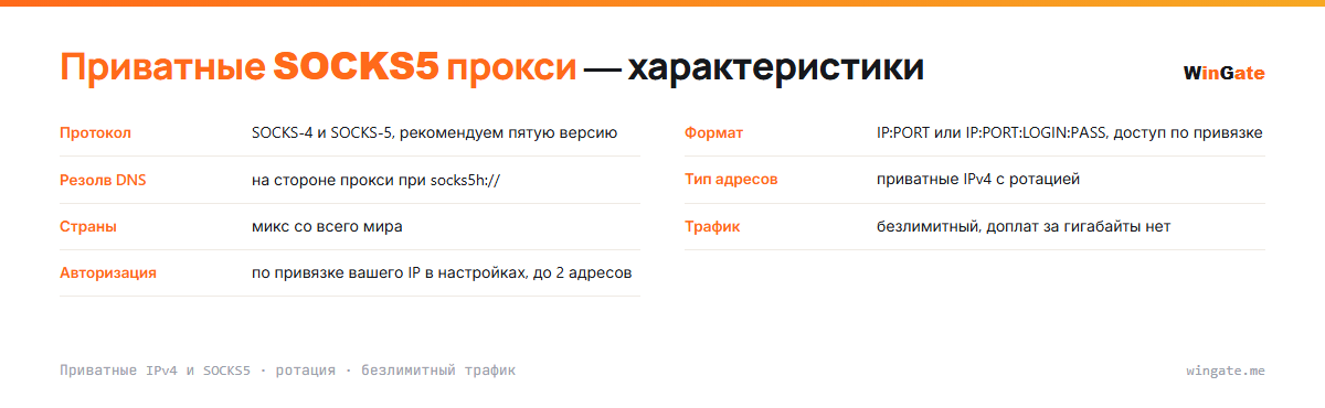 Приватные SOCKS5 прокси — карточка параметров: формат, резолв dns, тип адресов, страны, трафик