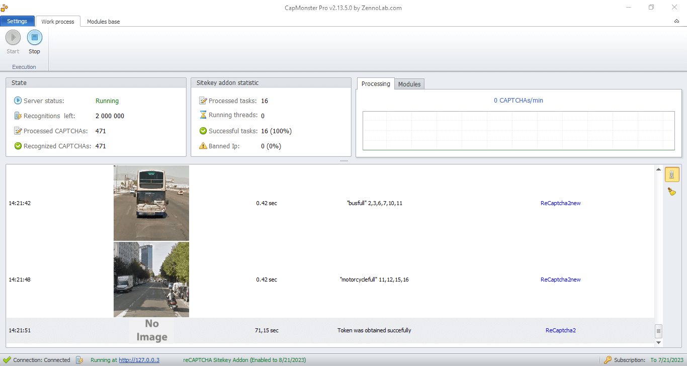 CapMonster Pro 2.13.5.0 working window: captcha recognition stats and the task log