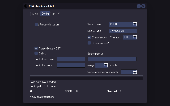 CSA checker 1.6.1, вкладка Config: тип Socks5, таймаут, логин и пароль к прокси, список Socks по ссылке
