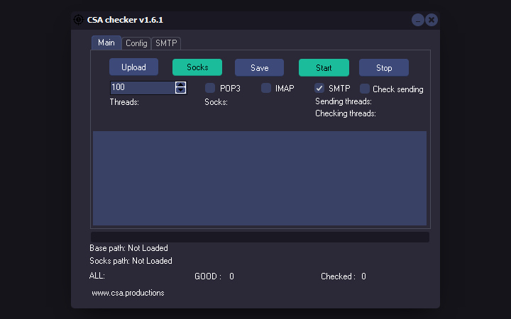 CSA checker 1.6.1, вкладка Main: загрузка базы, выбор Socks, число потоков и запуск проверки