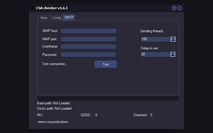 CSA checker 1.6.1, вкладка SMTP: адрес и порт IMAP, число потоков отправки и задержка