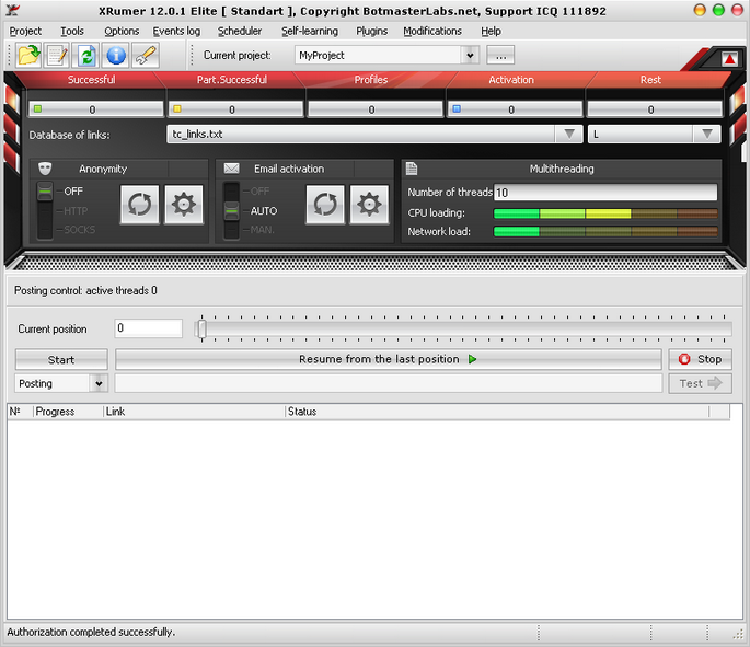 XRumer 12.0.1 Elite working window: anonymity, thread count and posting control