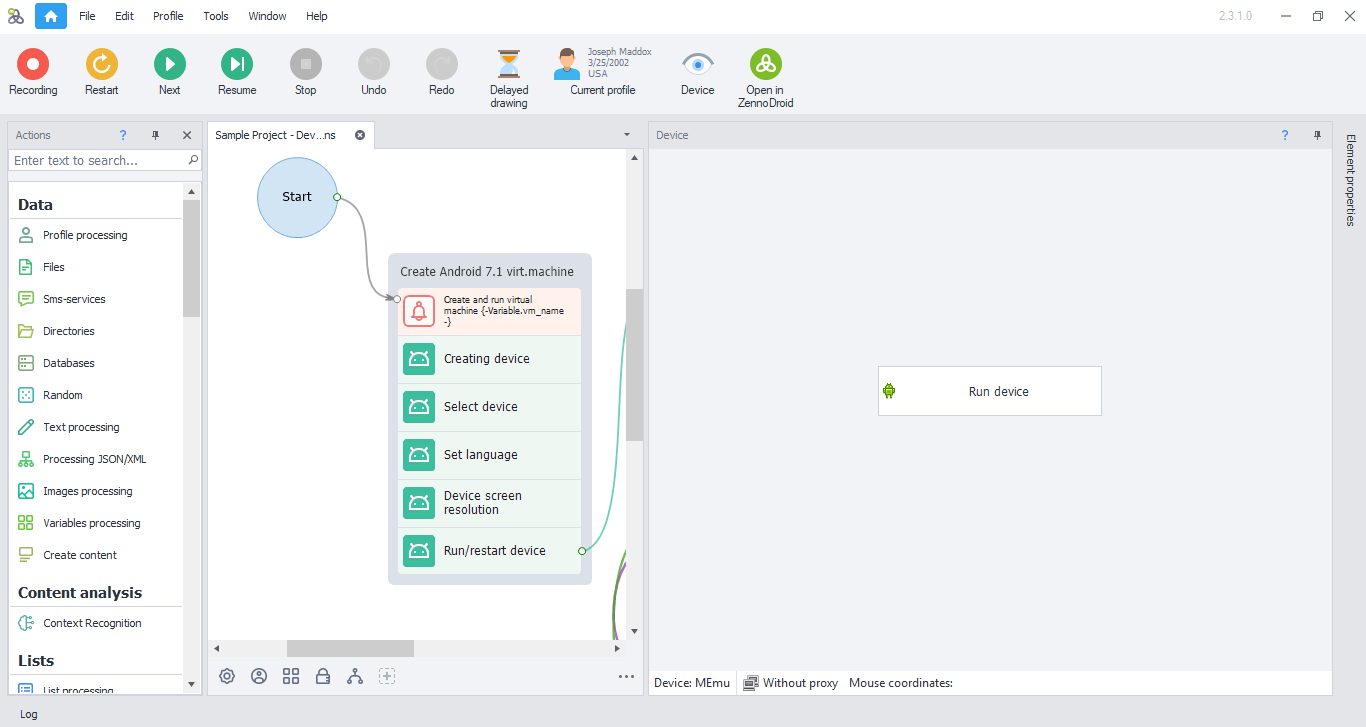 ZennoDroid 2.3.1.0 working window: Android automation project and the device panel