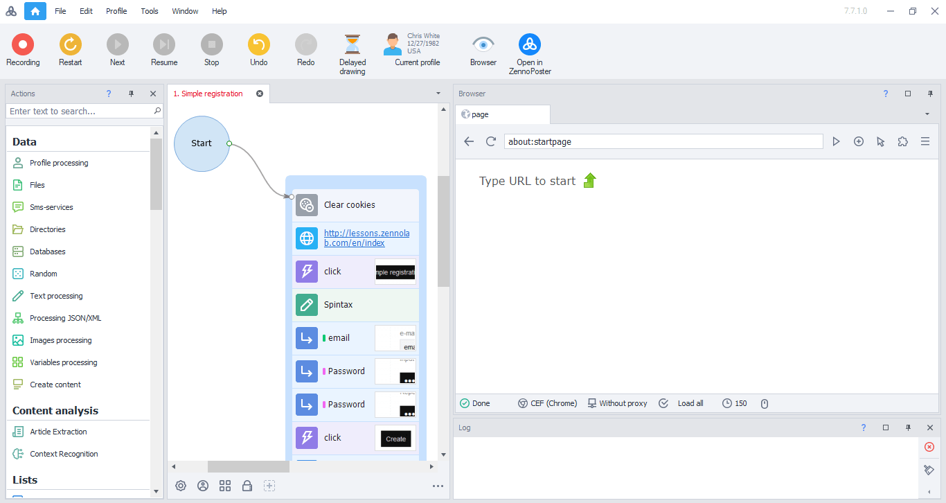 ZennoPoster 7.7.1.0 working window: project action tree and the built-in browser